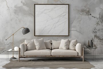 Mock-up of poster frame on bureau in a cozy living room interior. Includes gallery wall and 3D render. Generative AI. Beautiful simple AI generated image in 4K, unique.