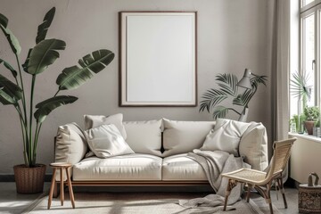 High Definition Mock-Up of a Blank Horizontal Poster Frame in a Scandinavian Inspired Living Room.. Beautiful simple AI generated image in 4K, unique.