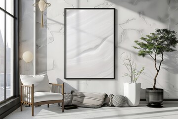 High Definition Mock-Up of a Blank Horizontal Poster Frame in a Scandinavian Inspired Living Room.. Beautiful simple AI generated image in 4K, unique.