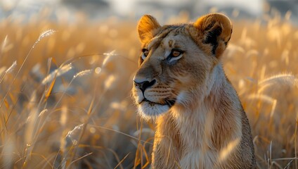 A lion and a vast, yellow grass field