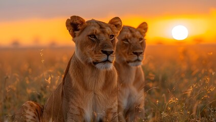 A lion and a vast, yellow grass field