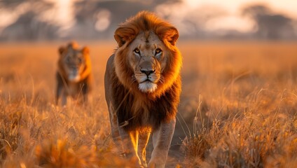 A lion and a vast, yellow grass field
