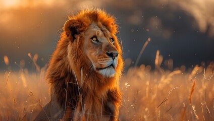 A lion and a vast, yellow grass field