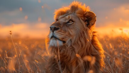 A lion and a vast, yellow grass field