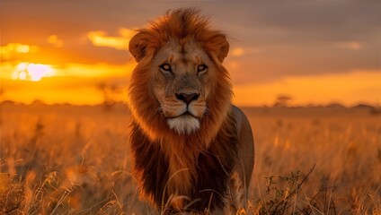 A lion and a vast, yellow grass field