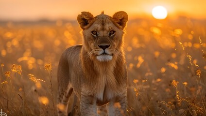 A lion and a vast, yellow grass field