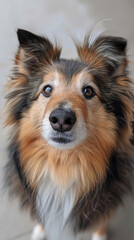 Close-up Shetland Sheltie Sheepdog looking front with head tilted and want to play expression with a light gray background