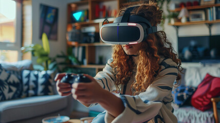 The VR headset covers the person's eyes, and the person is holding VR controllers, engaged in the virtual experience, digital addiction, physical health, mental health, eye strain, motion sickness, so