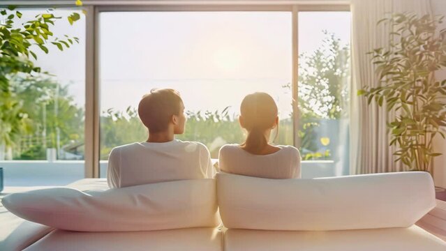 Young couple man and woman sitting relaxing on white sofa at home and looking outside on green background through window. Buying or renting apartment and house of dream. Mortgage, home loan concept