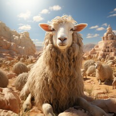 Obraz premium A photo of Sheep desert or castle background Arabic Eid Adha Mubarak concept Generative AI