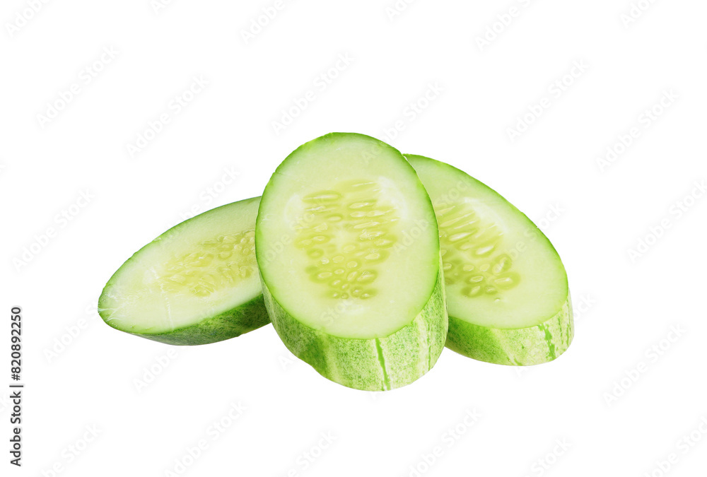 Poster sliced cucumber isolated on white background.