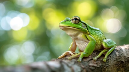 Naklejka premium Tree frog on branch, tree frog on green leaves, animal closeup