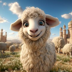 Obraz premium Sheep desert or castle background Arabic Eid Adha Mubarak Generative AI