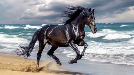 Majestic black horse running on the beach, perfect for wildlife or freedom-themed projects.