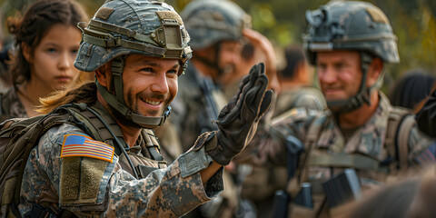 A child giving a high-five to a veteran during a Memorial Day event, to freeze the joyful and appreciative moment, highlighting the connection and gratitude