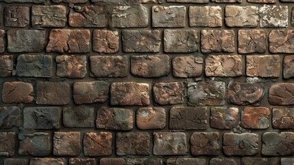 Brick Wall Background. Texture of stained old dark brown and red brick wall background, grungy rusty blocks of stone-work technology.