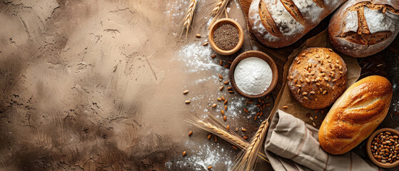 various minimalist bakery bread background themes placed in the right corner of the textured wooden table canvas with empty space