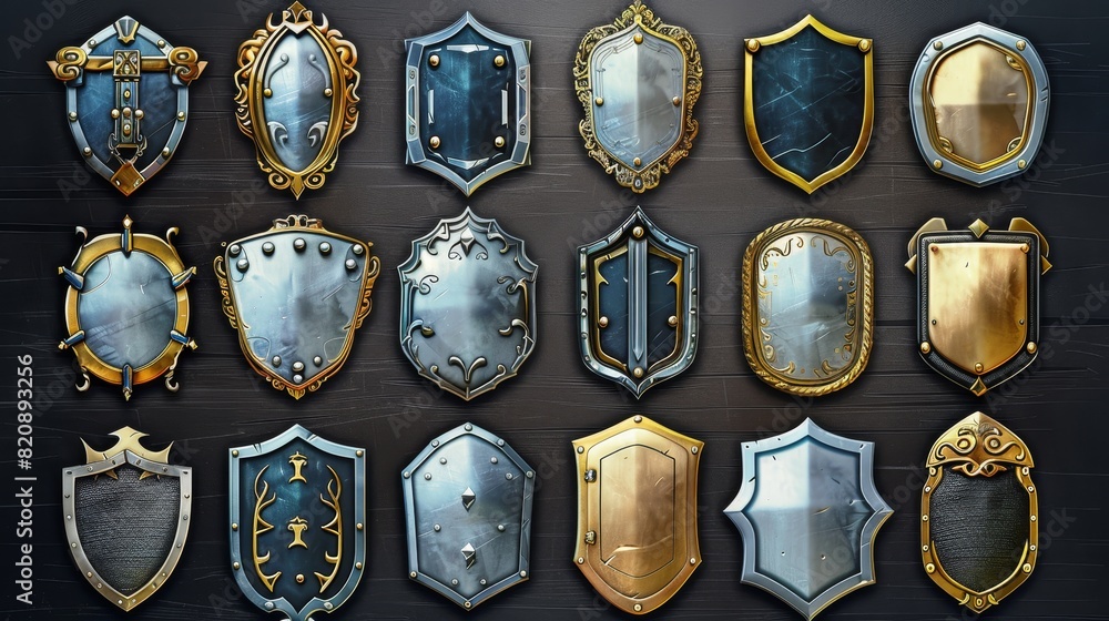 Poster isolated on a white background, game silver and gold buttons with fantasy frames in medieval style. 