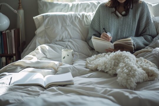 Cozy Bedroom Scene with Person Journaling in Morning Light