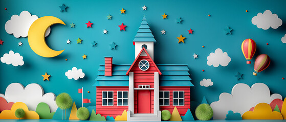 Red school building with a crescent moon, stars, and hot air balloons in a night sky. Paper cut style