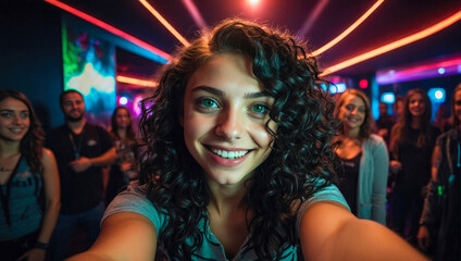 Fototapeta premium young smiling girl of 20-24 years old with curly brown hair taking a selfie among the lights and lasers of a modern nightclub as a background