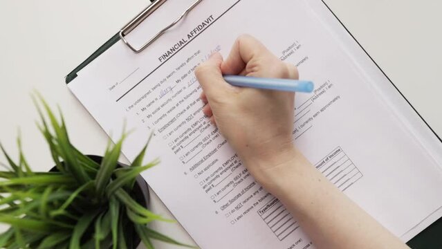 Financial affidavit, hand fills out a document, business contract, signature.