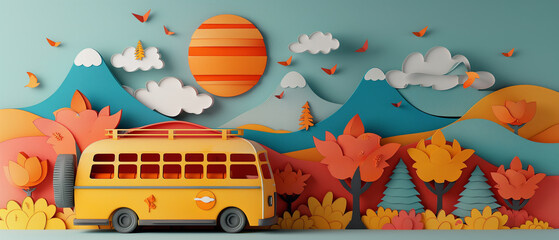 Yellow bus in a vibrant landscape with mountains, trees, and a large sun. Paper cut style