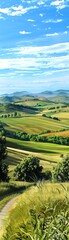 Fototapeta premium Capture a serene, vast rural landscape with rolling hills and a clear blue sky in a traditional oil painting style