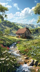 Fototapeta premium Craft an idyllic scene featuring a quaint countryside house nestled among rolling hills, surrounded by lush greenery, blooming wildflowers, and a meandering stream