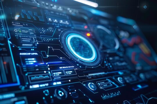 Generative AI illustration of vivid depiction of a high-tech AI interface with glowing neon circuitry and binary code streams. Beautiful simple AI generated image in 4K, unique.