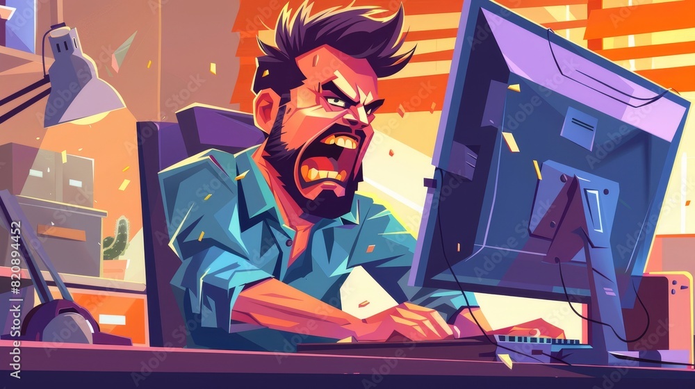 Poster angry man working on computer, modern responsive website design with busy and tired freelancer chara