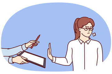Angry woman making stop gesture suspending business deal and refusing to sign contract. Girl does not want to sign contract from employer who makes job offer with small salary or lack of insurance