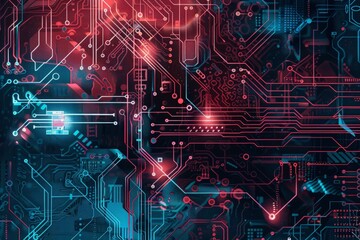 Obraz premium Close-up of illuminated fiber optic over printed circuit board. Beautiful simple AI generated image in 4K, unique.