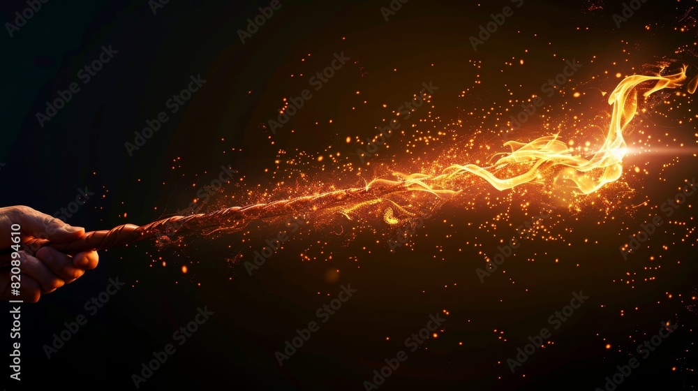 Poster an animation of fire sparkles and a spiral twist. a magic spell with sparks. a red wand isolated on 