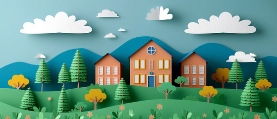Colorful paper-cut landscape with houses, trees, mountains, and clouds.