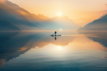 Morning Yoga on Paddleboard in Misty Lake at Sunrise