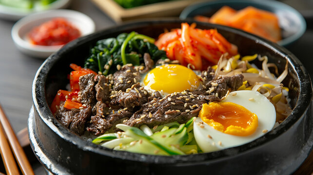 Traditional Korean dish bibimbap with fried agg, beef and vegetables