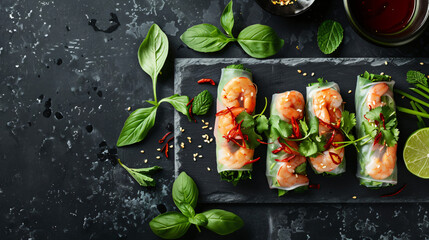 Tasty spring rolls on slate plate