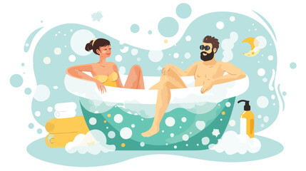 Love couple relaxing in bathtub with foam. Young happy
