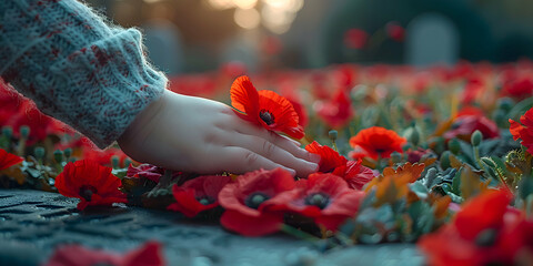 A child's hand placing a red poppy at a memorial site on Memorial Day, focus on the interaction and the importance of teaching remembrance to future generations