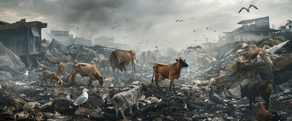 Against The Backdrop Of Environmental Degradation, A Haunting Tableau Unfolds, As Cows, Dogs, And Seagulls Converge Amidst The Refuse Of A Garbage Dump