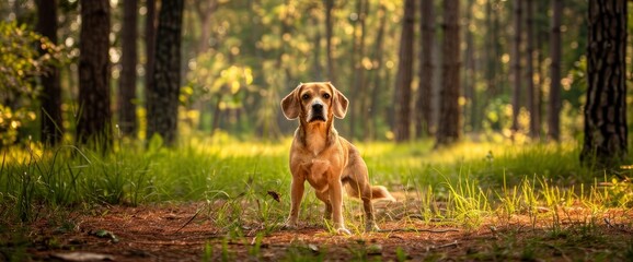 Against The Backdrop Of Verdant Trees In A Public Park, A Beagle Stands Poised, Its Eager Spirit...