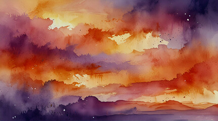 abstract watercolor background sunset sky orange purple, Generative.AI