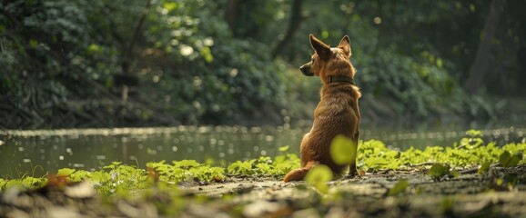 Along The Tranquil Riverside, A Country Working Dog Fulfills Its Noble Duty With Unwavering Dedication, Its Steadfast Presence A Guardian Of The Land
