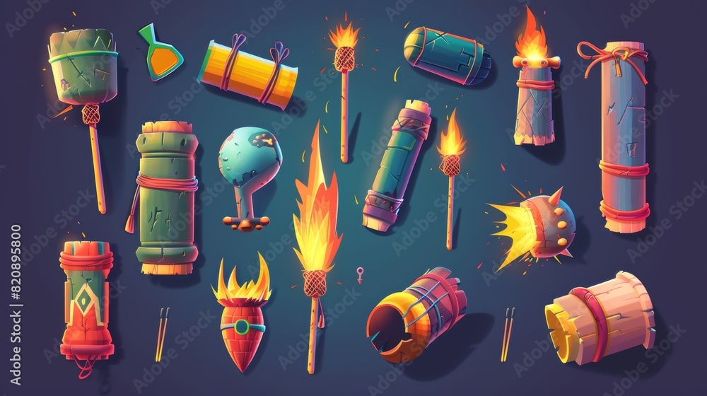Poster burning firecrackers with sparkling wick. explosive military or mining tnt weapons with detonators r