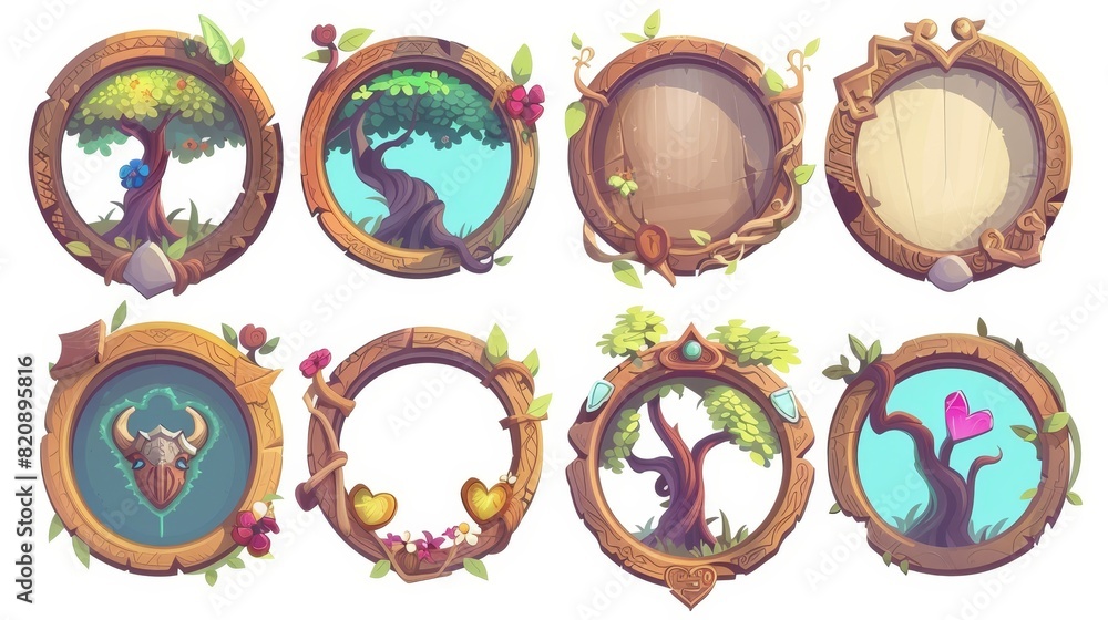 Aufkleber ui game avatar frames with elegant curves and ornate rims. tree branches with flowers, hearts, and t