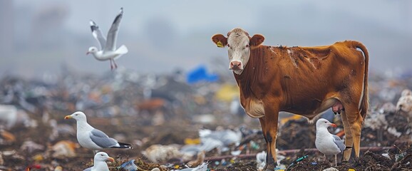 Amidst The Chaos Of A Garbage Dump, Cows And Seagulls Coexist, A Sobering Illustration Of...