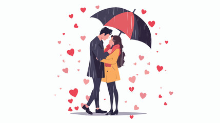 Love couple standing under umbrella in rain. Happy romantic