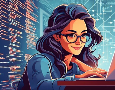 a motivational scene of a developer focusing on debugging javascript code, with code screens background.