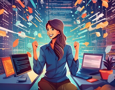 a motivational scene of a developer successfully debugging javascript code, with a background that shows a sense of achievement and creativity.